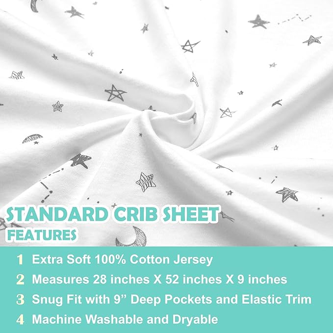 American Baby Company 3 Pack 100% Natural Cotton Fitted Crib Sheets 52" x 28" - Soft, Breathable, Hypoallergenic & Gentle Toddler Bed Sheets, Grey Star/Zigzag, Neutral for Boys & Girls