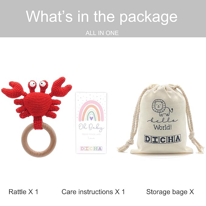 DICHA Wood Baby Rattle-Crochet Baby Rattle- Infant Rattle Sensory Development Wooden Toys Set-Includes Beech Wooden Teething Ring-Crab