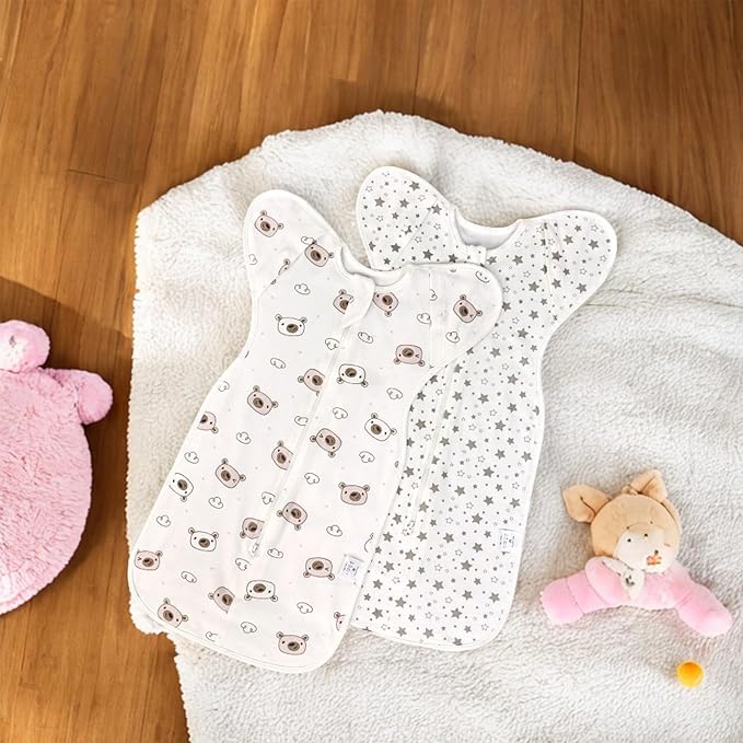 Baby Swaddle 3-6 Month - Arms Up Swaddles, Baby Transitional Swaddle Sleep Sack for Newborn, Cuff Removable Design, Cute Little Bear Breathable Cotton Newborn Transition Sacks