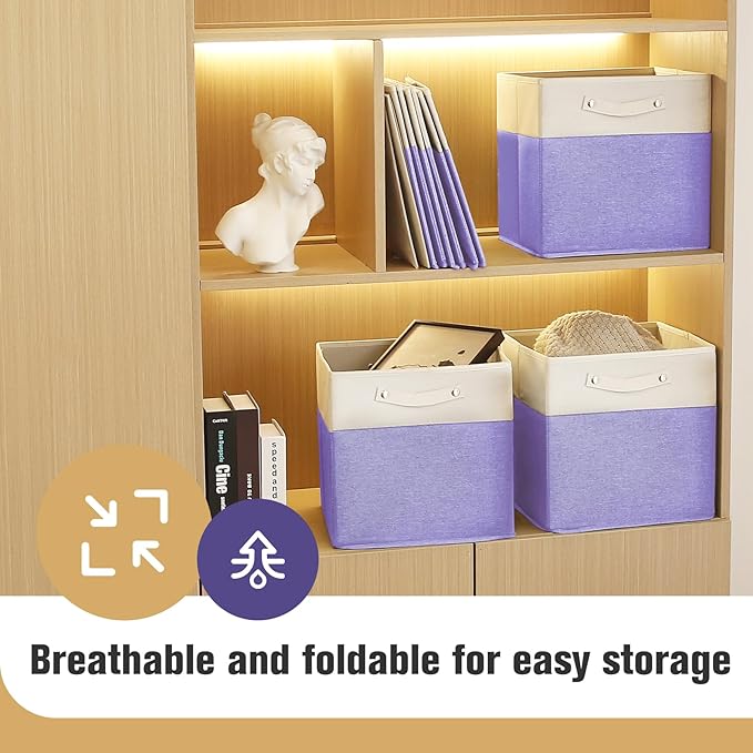 13 x 13 Inch Fine Linen Storage Bins with Handles,Fabric Cube Boxs,Basket Organizers for Shelves for Home, Closet Drawers (White/Purple-6 Pack)