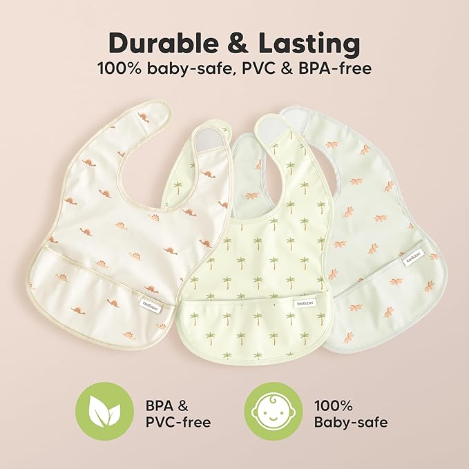 3-Pack Waterproof Baby Bibs for Eating - Lightweight Toddler Feeding Bibs with Large Food Catcher, Mess Proof, Food-Grade Baby Eating Essentials, Easy to Put On & Clean (Toy Land)
