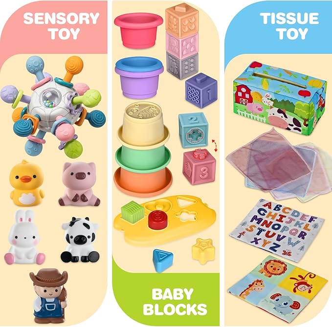 Baby Toys 6-12 Months, 6 in 1 Montessori Toys for 1 Year Old, Soft Infant Sensory Teething Toy, Stacking Cups & Blocks, Shape Sorter Blocks, Finger Puppets, Tissue Box Toy for Toddler 0-3-6-9-12 M+