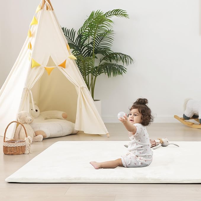1.5" Super Thick Baby Play Mat for Floor, 79x118 Pro Soft Flannel Foam Mats for Toddler Infant Kids Crawling for Nursery Rug Playroom Living Room Waterproof Easy Care Non-Slip (Cream)