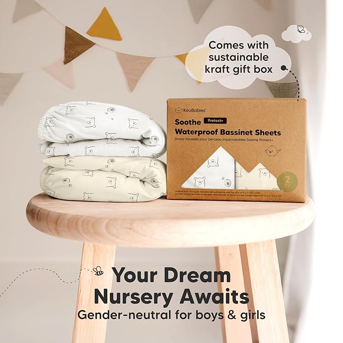 2-pk Waterproof Bassinet Sheets Girls, Boys, Cotton - 33x17 Universal Bassinet Mattress Pad Protector Cover,Compatible with Graco,Baby Delight,Chicco,Halo Bassinest Swivel Sleeper Fitted (Bumble Bear)