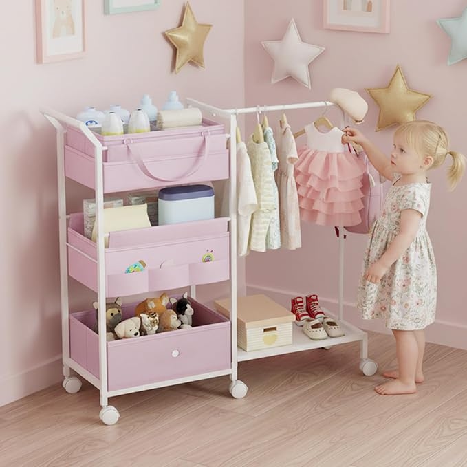 Baby Diaper Caddy Organizer - 3 Tier Rolling Cart with Kids Clothing Rack, Mobile Utility Cart with Dividers and Drawers, Large Capacity Storage Cart for Bedroom, Bathroom, Carts with Wheels