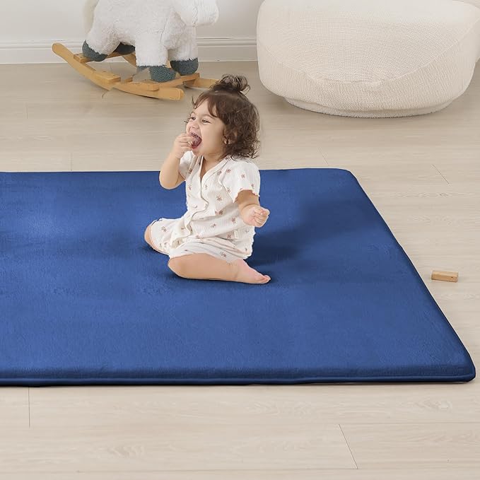 1.3" Thick Baby Floor Play Mat 59x79, Basic Padded Foam Mat for Tummy Time Crawling, Non Slip Cushioned for Babies Toddlers Infants Kids (Blue)