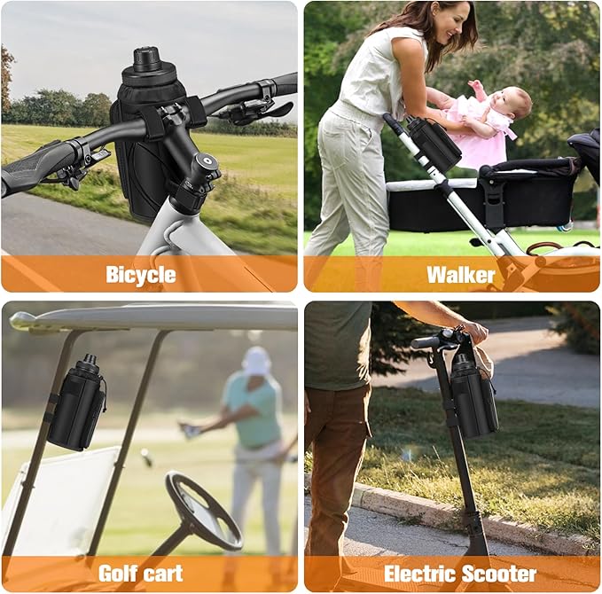 FINPAC Cup Holder for Bike, Universal Water Bottle Holder with Phone Pockets for Stroller Walker Golf Cart Rollator and Scooter, Outdoor, Biking - Black