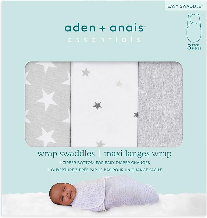 aden + anais Essentials Easy Swaddle Wrap Quick Change with Bottom Zipper, Snug Cotton Knit Baby Wrap Swaddle Blanket for Newborns, TOG 1.0, 3-Pack, Twinkle, 0-3 Months, Small/Medium