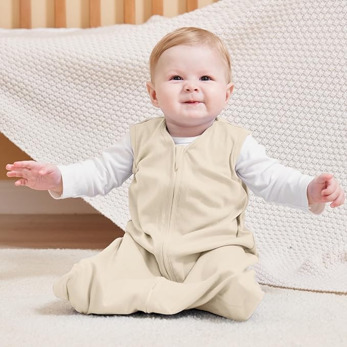 FIEMOL Baby Sleep Sack 18-24 Months, 100% Cotton Sleeping Sack for Newborn and Infant, 3 Pack Baby Wearable Blanket, 0.5 Tog Lightweight Double Zipper Sleep Bag Apricot