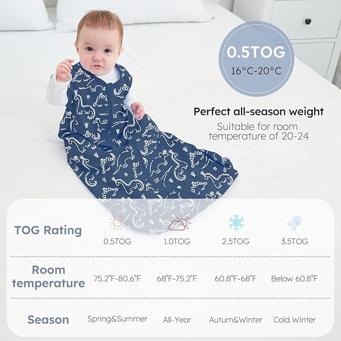 Yoofoss Baby Sleep Sack 12-18 Months 0.5 TOG Baby Wearable Blanket, 100% Organic Cotton Infant Toddler Sleeping Sack 2-Way Zipper Lightweight Sleep Sack, Grizzly