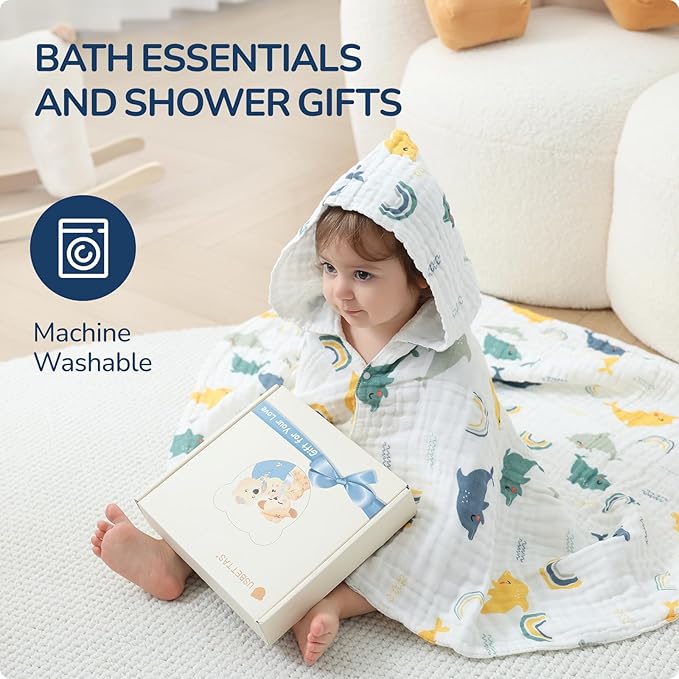 Toddler Hooded Bath Towels,100% Cotton Muslin Baby Towels for Boys Girls,Ultra Soft & Absorbent Quick Dry Kids Towel for Beach,Pool,Bathroom,Large 43x43 Inch