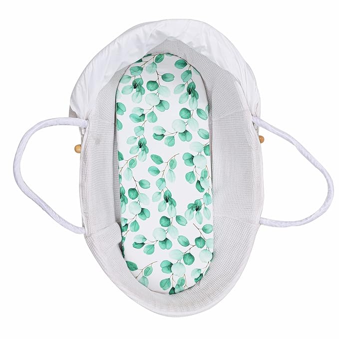 Onacosht Bassinet Sheets Set 3 Pack for Baby Boy and Girl, Stretchy Jersey Knitted Fitted Sheet, Universal for Oval Rectangle and Hourglass Bassinet Mattress, Watercolor Greenery Botanical Leaf