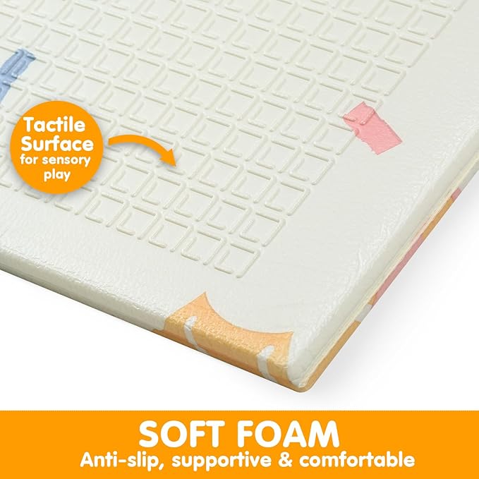 Bammax Extra Large 78" x 70" x 0.4" XPE Foam Baby Play Mat with Travel Bag | Waterproof, Foldable & Reversible Padded Playmat | Baby Crawling & Kids Play Mat – Giftable Design, Dinosaurs & Safari Animals