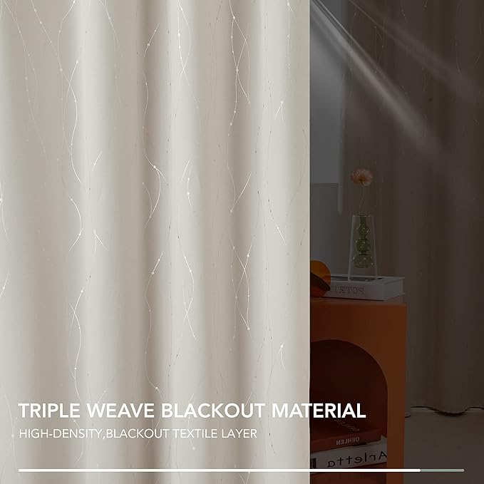 Deconovo Beige Blackout Curtains, Room Darkening Curtain, Thermal Insulated Soundproof Drapes, Silver Wave Dots Print, 38 x 54 Inch, Machine Washable Window Panels for Kitchen Nursery Office, Set of 2