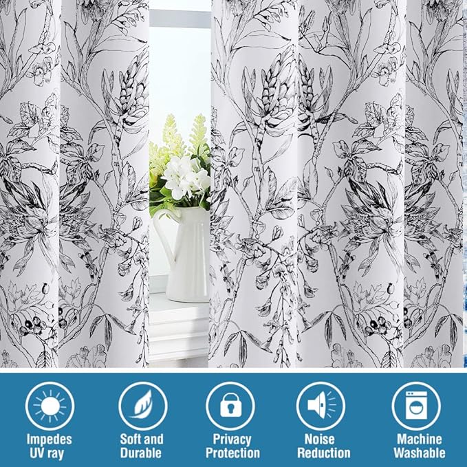 H.VERSAILTEX 100% Blackout Curtains for Living Room Camellia Floral Blackout Curtains 84 Inches Long Light Blocking Window Treatment Curtains with Black Liner Grommet Thermal Drapes, 2 Panels, Black