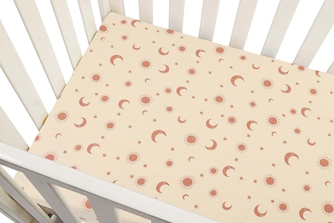 Onacosht Muslin Crib Sheets for Boys Girls, Soft Breathable 100% Cotton Baby Fitted Sheet 52" x 28" for Standard Toddler Crib Mattress, 2 Pack, Light Brown and Moon