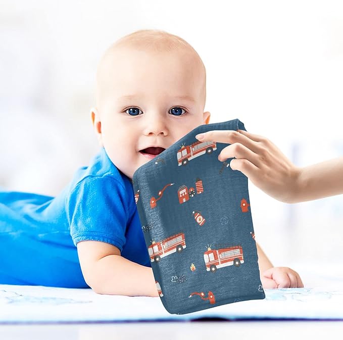 vvfelixl Firefighters Pattern Baby Burp Cloths, Baby Muslin Washcloths for Boys Girls, Cotton Baby Face Towel for Newborn Infants Soft and Absorbent 11.8 X 11.8 in, 5 Pack Blue