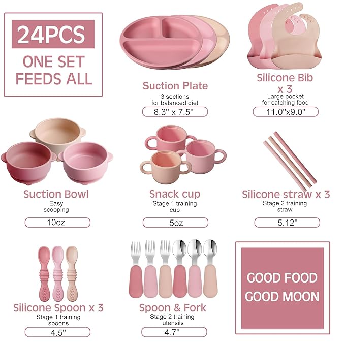 24 Pack Silicone Baby Feeding Set Baby LED Weaning Supplies Includes Suction Divided Plates Soft Bowl Spoons Forks Adjustable Bib Snack Cup and Straws(Dark Pink, Dusty Pink, Peach Color)