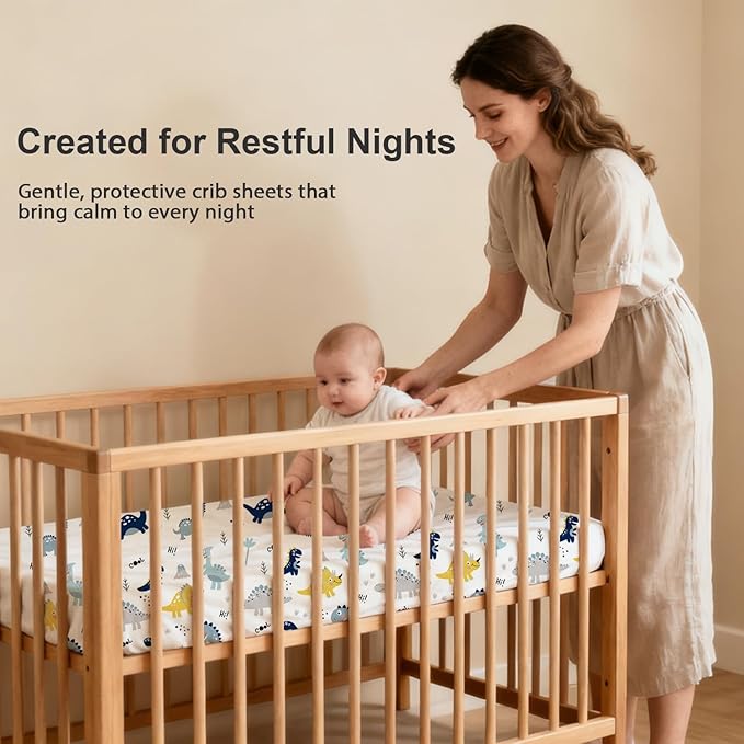 Little Grape Land Waterproof Crib Sheets for Boys Girls, Soft and Breathable Waterproof Baby Crib Sheets 52"x28", Crib Mattress Sheets Neutral for Standard Crib and Toddler Bed Mattress (Dinosaur)