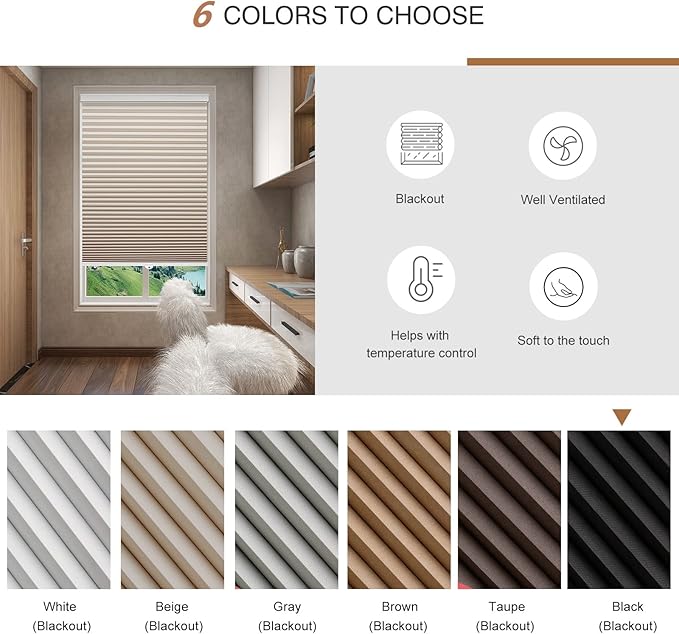 Changshade Cellular Shades Cordless Blinds Blackout for Indoor Windows, Black Out Honeycomb Blind Heat Light Blocking Room Darkening Shade 1.5'' Single Cell Pleated Easy Install, 46" Wx72H, Beige