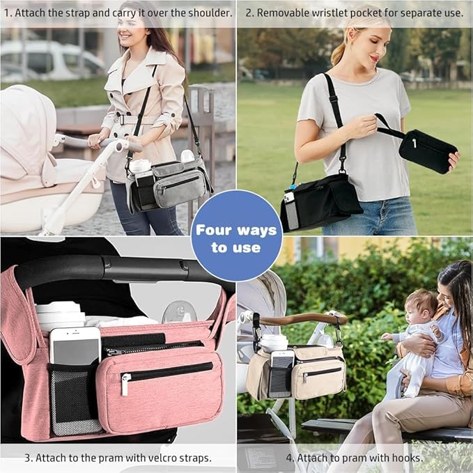 Baby Stroller Organizer, Universal Stroller Organizer with Detachable Phone Bag, Stroller Caddy with 2 Insulated Cup Holders, Buggy Organizer Bag with 2 Hooks Fits Most Strollers (White)