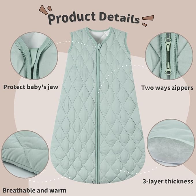 BSTOPPT Baby Sleep Sack TOG 2.5 Winter Baby Wearable Blanket, Infant Sleeping Sack 2-Way Zipper Warm Quilted Sleepsack (Green, Large)
