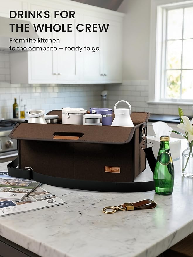 Fluxynara 8-Cup Reusable Felt Drink Carrier with Handle and Adjustable Shoulder Strap, Drink Holder for Car, Multi-Cup Drink Carrier Bag for Delivery, Travel, Picnics (Coffee Brown)