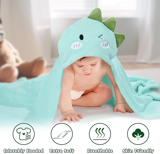 Baby Bath Towels Hooded, Dinosaur Thick Toddler Hooded Towel for Boy Age 0-5, 50" x 32" Large Size Soft Absorbent Coral Fleece Shower Gift for Kids,Beach Comfort Quick-Drying Green Dinosaur