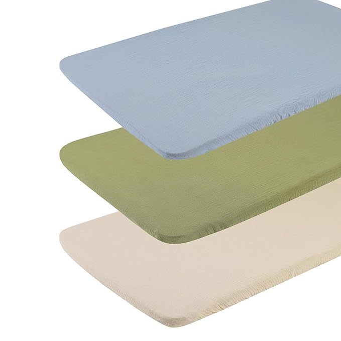 Onacosht Muslin Bassinet Sheets 3 Pack, 100% Cotton Baby Fitted Sheet 33" x 19" Compatible with Mika Micky, KoolaBaby (3 in 1), BabyBond, HARPPA and RICUTON Bedside Bassinet, Beige Green and Sky Blue