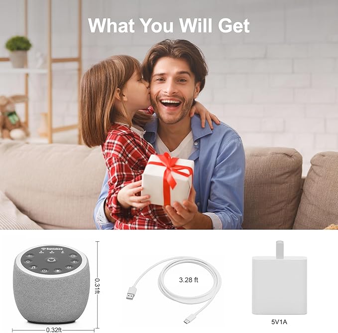 White Noise Sound Machine for Sleeping, 388 Soothing Sounds, Smart APP Control, Custom Buttons, Non Looping Natural Sounds, Bedside Dimmable Clock, Night Light, Santebee for Adults Baby Kids Lullaby