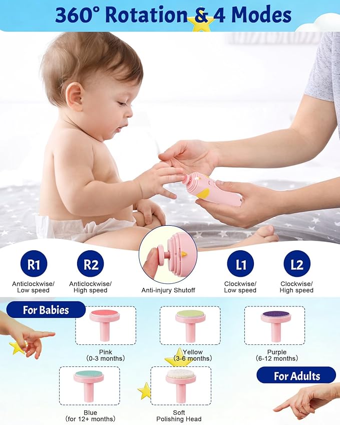 Lictin 15 in 1 Rechargeable Baby Nail File with Auto Light, Cordless Nail Trimmer Electric with 10 Replacement Grinding Heads for Kid, Baby Nail Kit for Newborn, Infant, Toddler