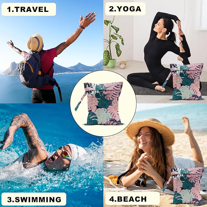 2Pcs Abstract Palm Leaves Wet Bag 12x10 Inch, Summer Greenery Waterproof Travel Laundry Bags, Washable Reusable Wet Dry Bag for Swimsuit Beach Diapers Dirty Yoga Gym Clothes, Plant Gifts for Women