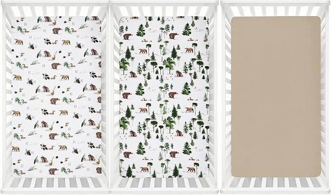 david's kids 3 Pack Fitted Crib Sheets, Ultra Soft Breathable Comfortable Baby Sheet Set for Boys Girls Neutral, 28x52 Inch Fits Standard Crib and Toddler Mattresses, Woodland Animals