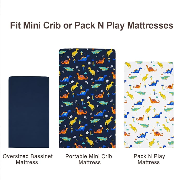 david's kids 3 Pack Mini Crib Sheets, Soft Breathable Premium Pack N Play Sheets for Baby Boys Girls Neutral, Playard and Mini Crib Mattresses, Dinosaur