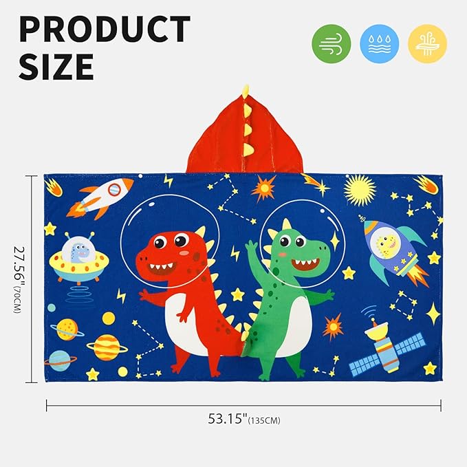 OLAOLA Space Dinosaur Hooded Towel for Kids 3-12 Years, Soft Thick Absorbent Beach Towels, Toddler Bath Towel Wrap 28" x 53", Swim Pool Towels Poncho for Boys Girls