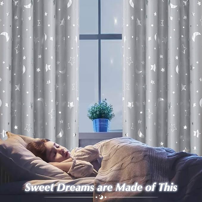 WUBODTI Grey 100% Blackout Star Curtains for Kids Room 45 Inches Long 2 Panel Sets, Silver Star and Moon Patterned Nusery Curtains Grommet Thermal Insulated Short Drapes for Boys Bedroom Kitchen