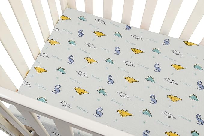 Onacosht Muslin Mini Crib Sheets, 39" x 27" Pack and Play Mattress Sheets Fitted for Pack N Play, Soft Cotton for Boys Girls, 2 Pack, Dinosaur and Light Green