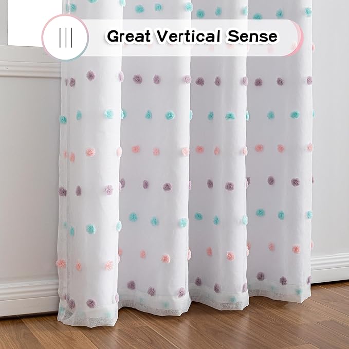 MYSKY HOME White Curtains for Kids Bedroom 72 Inches Long Pom Pom Sheer Nursery Curtains for Boys Room Closet 2 Layered Room Darkening Window Drapes for Toddler Grommet, White, 52 x 72 Inch, 2 Panels