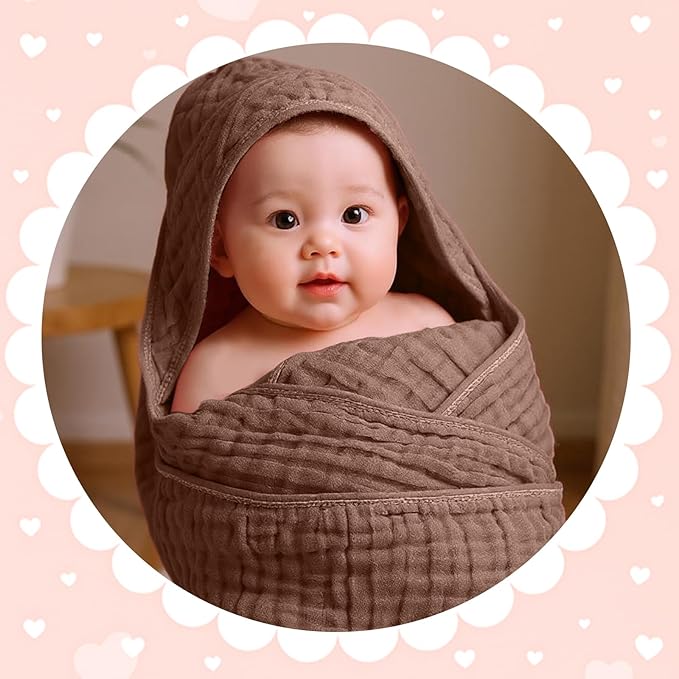 Peryiter 6 Pcs Muslin Hooded Baby Towels 32x32inch Cotton Newborn Bath Essentials Muslin Infant Blankets Absorbent Registry Baby Shower Present for Babies Girl Boy Kids (Green and Pink Series)