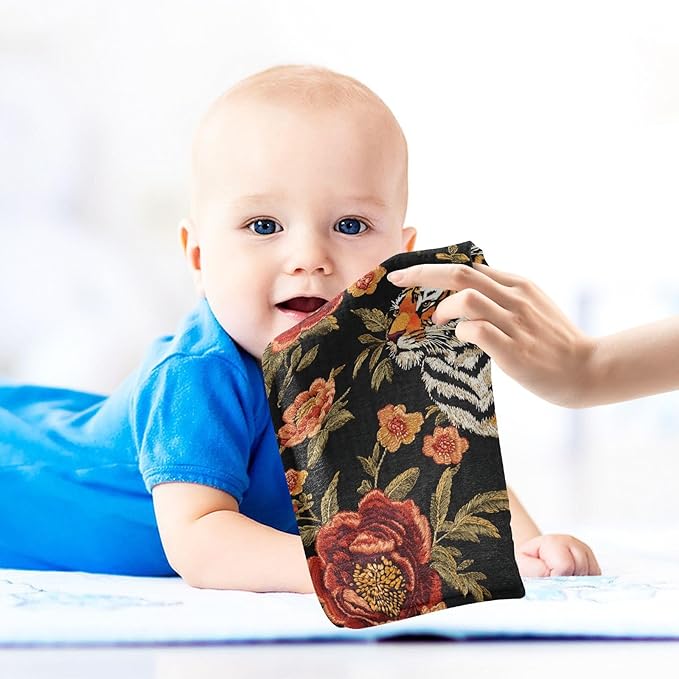 vvfelixl Baby Muslin Washcloths Tiger Bee Flower Baby Burp Cloths Cotton Babys Face Towel for Newborn Infants Boys Girls Soft and Absorbent 11.8 X 11.8 in, 3 Pack