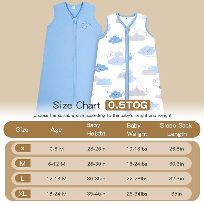 TILLYOU 2 Pack Baby Sleep Sack 18-24 Months 100% Cotton Wearable Blanket 0.5 TOG Sleeveless Summer Sleep Sacks with 2-Way Zipper, Small Cloud & Blue