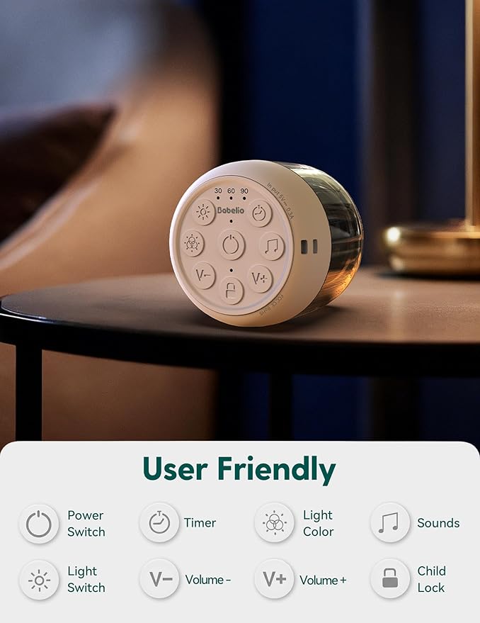 Babelio Pocket Glow White Noise Sound Machine - Upgraded 7 Color Night Lights, 20 Non-Looping Sounds, Timer & Memory Function, Portable for Adults & Babies, White