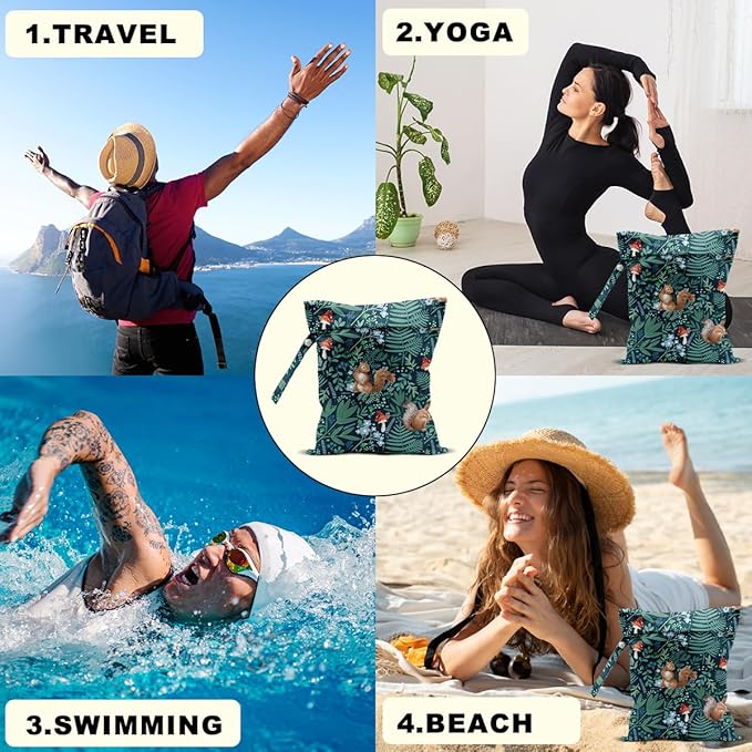 2Pcs Forest Animal Wet Bags 12x10 Inch, Cottage Core Botanical Waterproof Travel Laundry Bags, Squirrel Fox Wolf Reusable Wet Dry Bag for Swimsuit Pool Beach Diapers Dirty Yoga Gym Clothes