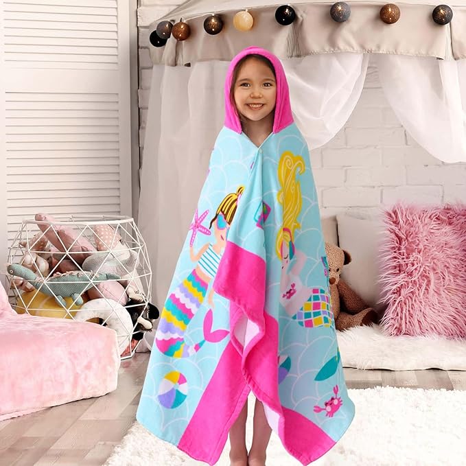 VOOVA & MOVAS Kids Hooded Beach Towel Age 3-8, 30''X50,Soft | Thick | Large | 100% Cotton,Absorbent Beach, Bath, Pool Towels Wrap for Girls, Sea Mermaid