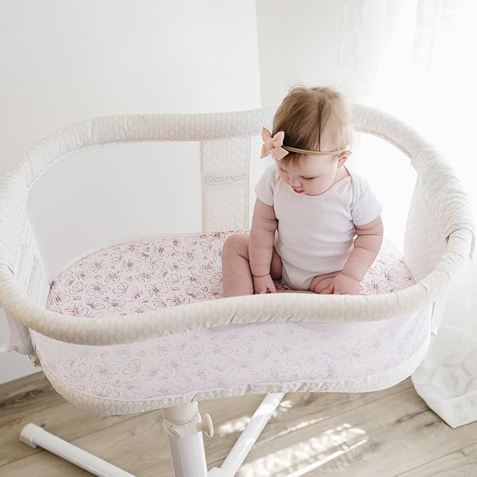Pobibaby – 2 Pack Bassinet Sheets Girl, Bassinet Sheets Cotton for Girls and Floral Nursery for Standard Rectangle Bassinets – Ultra-Soft Jersey Knit, Safe and Snug for Baby (Blossom)