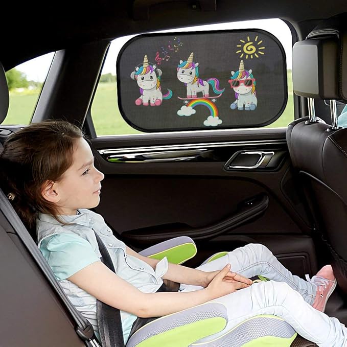 Car Sun Shade for Baby Kids 2 Pack Static Cling Side Window Car 80GSM Rear Sunshades Universal with 8 Suction Cups and Storage Bag - Sun Glare and UV Rays Protection (Unicorn)