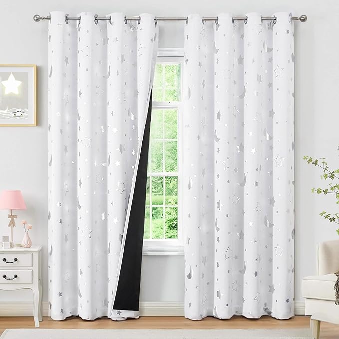 WUBODTI Grey White 100% Blackout Star Curtains for Living Room Kids Room 84 Inches Long 2 Panel Sets, Grommet Cute Space Nusery DrapesThermal Insulated Curtain for Bedroom Baby Room