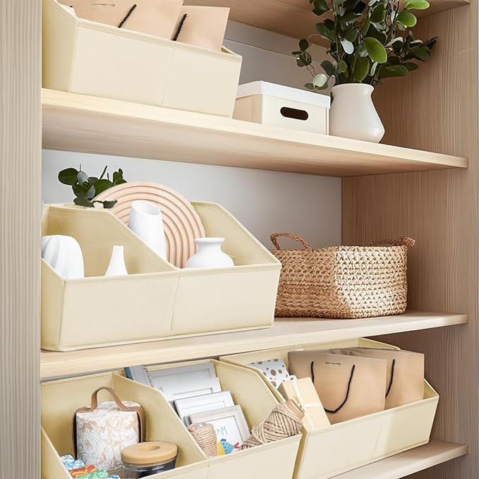 Closet Organizers and Storage Bins - 6 Pack Collapsible Divided Trapezoidal Cube Storage Bins Baskets with Orange Handle for Organizing Clothes Blankets, Toys, Books, Towels(Beige)