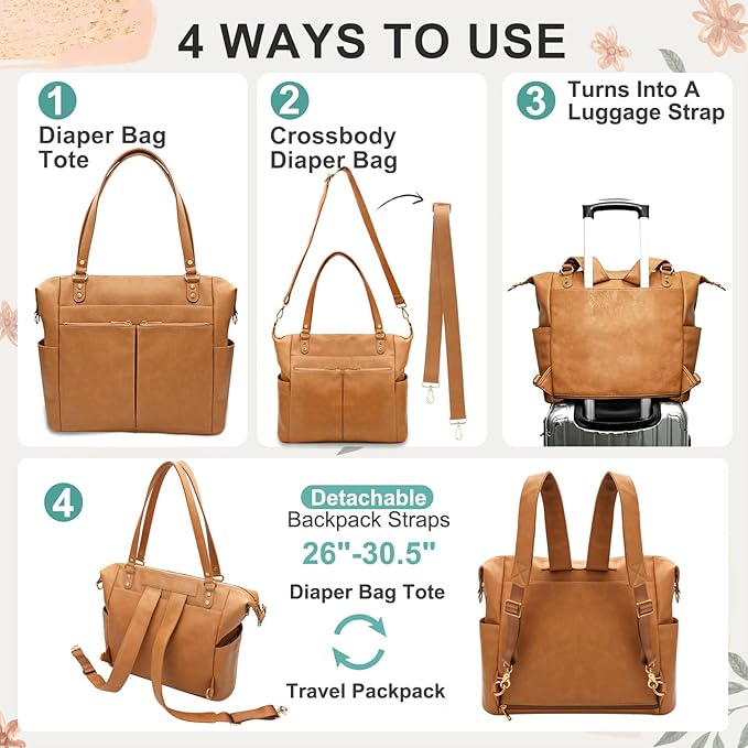 MOMINSIDE Diaper Bag Tote, Leather Diaper Bag Backpack with 14 Pockets for Mom Dad, Convertible Baby Bag for Boys Girls, Baby Registry, Changing Pad, Large 4 Insulated Pockets (Biscuit)