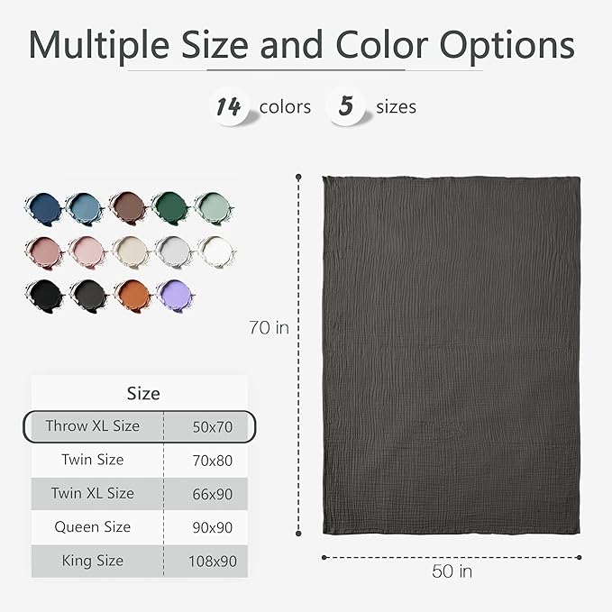 Carriediosa 100% Cotton Muslin Throw Blanket 50" X 70" Twin XL Size,4-Layers Summer Gauze Throws for Bed Couch,Soft Lightweight Breathable Linen Blankets Bedspread for Adults All Season,Dark Grey